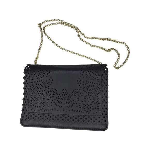 Faux Leather Laser Cut Black with Gold Chain Shoulder Bag - Picture 1 of 5